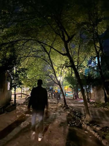 a man walking down a path in a park with trees at Narayani view resort in Bharatpur