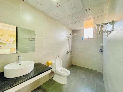 een badkamer met een wastafel, een toilet en een spiegel bij The 1996 House in Lao Cai