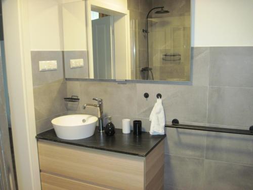 een badkamer met een wastafel en een spiegel bij Urlaub bei Alma in Wurster Nordseeküste