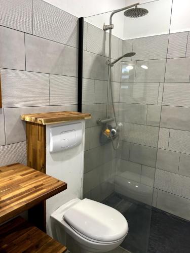 a bathroom with a toilet and a glass shower at Kaz coco mango in Basse-Terre