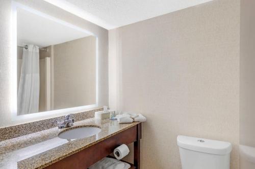 MainStay Suites Lansing West في لانسينغ: حمام مع حوض ومرحاض ومرآة