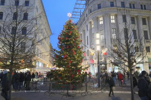 uma árvore de Natal em frente a um edifício em Hotel Orion em Budapeste