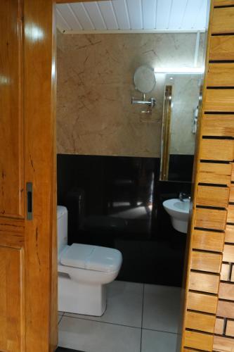 un baño con inodoro y lavabo en skypalace hotel, en Kannur