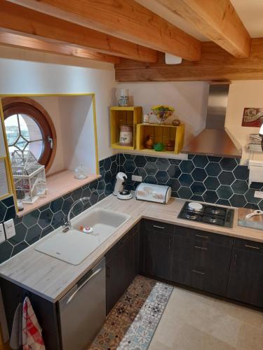 a kitchen with a sink and a counter top at La Longère des Oies in Saint-Thibault
