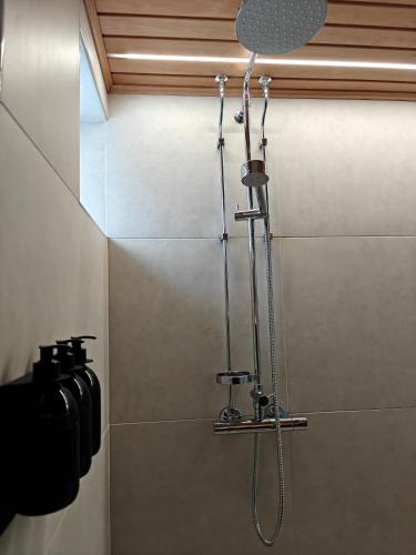 a shower with a shower head in a bathroom at Penthouse Kemi in Kemi