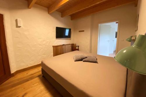 a bedroom with a bed with a lamp and a television at Ferienhaus Rothaarblick in Schmallenberg