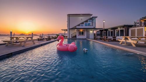 Una piscina con dos cisnes rosados en el agua. en Yeosu Baraboda Ocean View Pension, en Yeosu