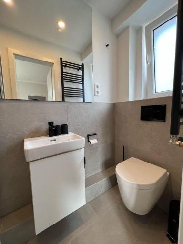 a bathroom with a white sink and a toilet at Dünen Lodge 3 in Juist