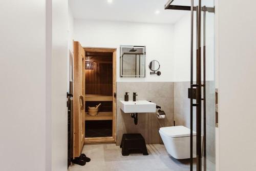 a bathroom with a white toilet and a sink at Harzchalet Brockenbahn 2B in Elend