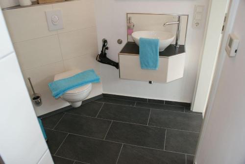 un piccolo bagno con lavandino e WC di Strandhaus Rose a Juist