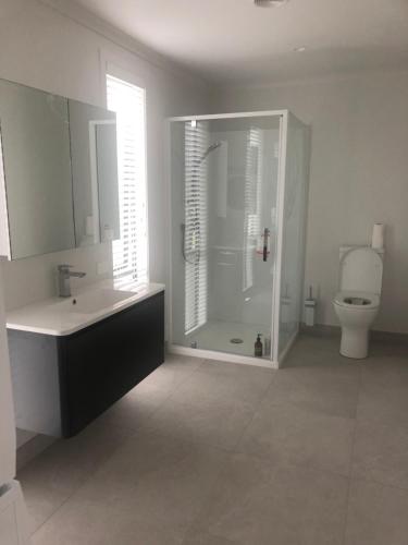 ein Badezimmer mit Dusche, Waschbecken und Toilette in der Unterkunft Country Cottage Centrally Located in Tauwhare
