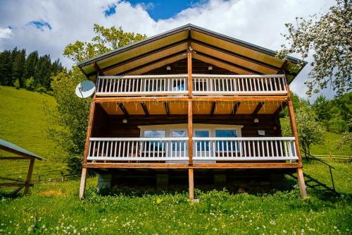 a large wooden house with a balcony on a field at Котедж Ксенія in Dzembronya