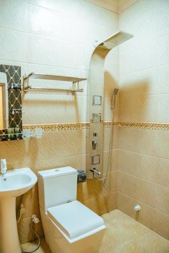 a bathroom with a toilet and a sink and a shower at Ekefaru Inn in Viligili