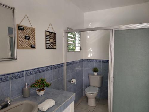 een badkamer met een toilet, een wastafel en een douche bij Jardín Escondido in La Libertad