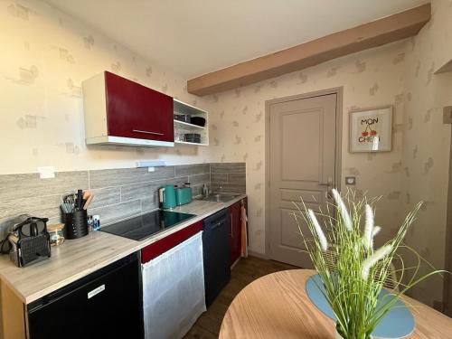 een kleine keuken met een wastafel en een tafel bij Parenthèse Champenoise T23 in Troyes