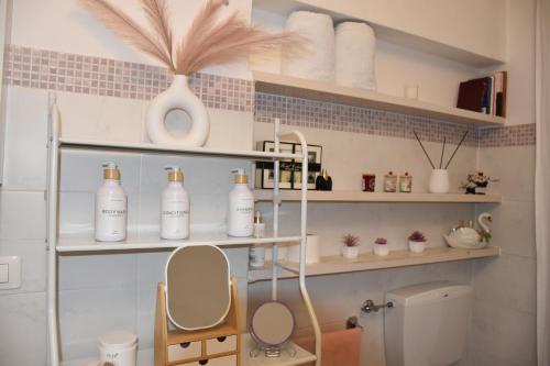 Un baño con inodoro y estanterías con artículos de aseo. en Casa Grace Relax nel cuore del Monferrato, en Casale Monferrato