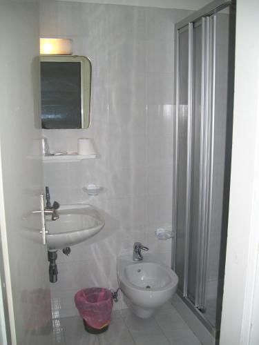 a bathroom with a sink and a toilet and a shower at Verda Val in Campitello di Fassa