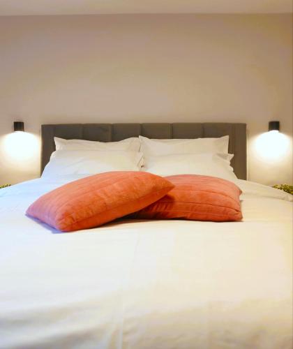 zwei Kissen auf einem Bett in der Unterkunft Homey Edessa Loft in Edessa