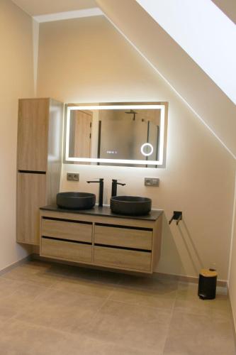a bathroom with a sink and a mirror at Hof van Vlaanderen in Zwalm