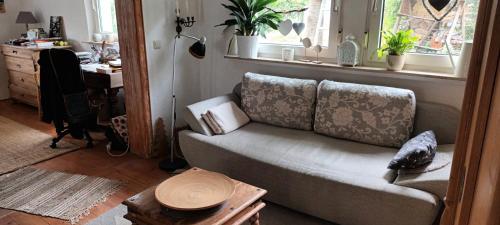 ウンナにあるHalf-timbered house with garden, close to nature & cityのソファと窓のあるリビングルーム