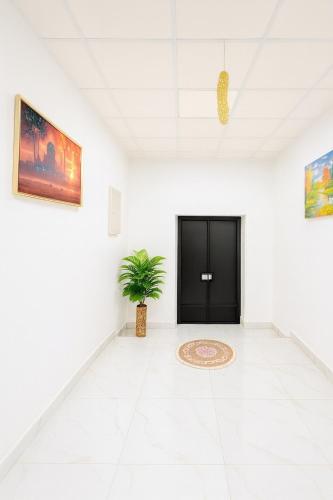 a white room with a black door and a plant at Sikka Hostel in Muscat