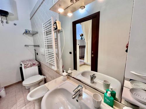 a bathroom with a sink and a toilet and a mirror at Casa Ariel - Elba Affitti in Rio nellʼElba