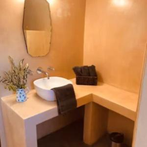 a bathroom with a sink and a mirror at Jagerskraal Guest Farm in Laingsburg