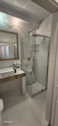 a bathroom with a shower and a sink at Apartament SORENTO 25 in Gorzów Wielkopolski