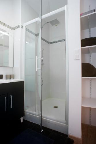 une douche avec une porte vitrée dans une salle de bain dans l'établissement Le meublé toulousain, à Toulouse