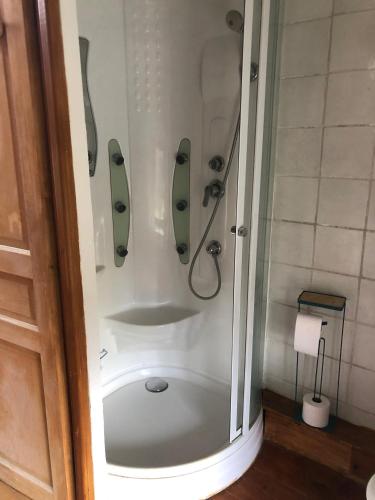 a bathroom with a shower with a glass door at Vercors en Vert , chambres d'hôtes de charme, climatisées in Saint-Romans