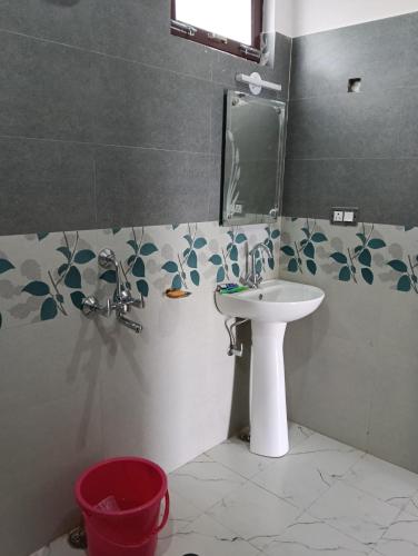 a bathroom with a sink and a mirror at Apple Hilltop Homestay in Chaubattia