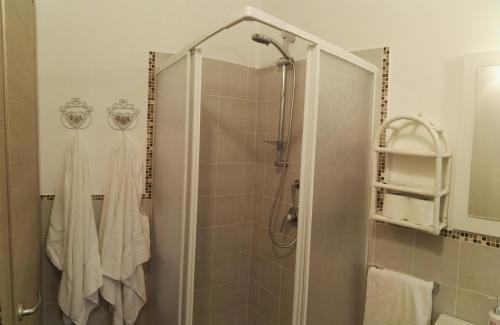 サンタ・マリア・ディ・カステッラバーテにあるB&B Le Roseのバスルーム(ガラスドア付きのシャワー付)
