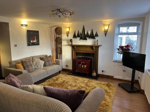 een woonkamer met een bank en een open haard bij Sealladh Sona in Inverness