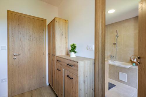 a bathroom with a wooden door and a sink and a shower at Viva Vlasic - Apartman i vikendica in Šišava