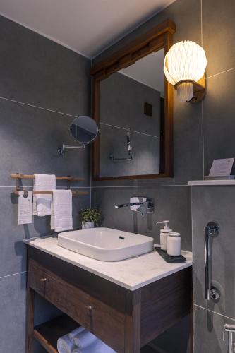 a bathroom with a sink and a large mirror at The Doksa in Spiti