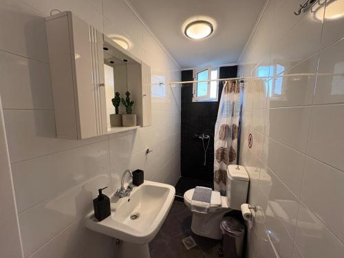 une salle de bain blanche avec un lavabo et des toilettes dans l'établissement Villa Emara, à Mángana