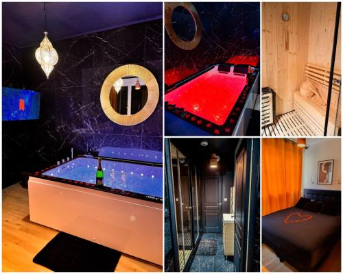 un collage de photos d'une chambre avec un trampoline dans l'établissement Jacuzzi privé, Sauna & Design Chic, à Reims