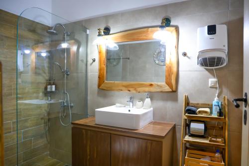a bathroom with a sink and a shower with a mirror at Aspasia House in Oitylo