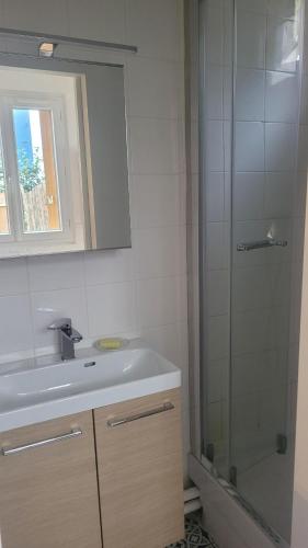 a bathroom with a sink and a glass shower at Maisonnette avec jardin proche Paris in Saint-Mandé