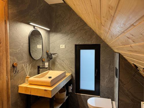 a bathroom with a sink and a mirror at Kolibe Doftana in Trăisteni