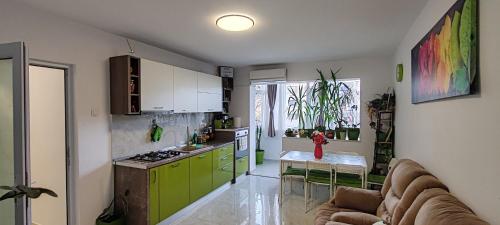 una cocina con armarios verdes y una mesa en una habitación en Abel Luxury Home, en Constanţa