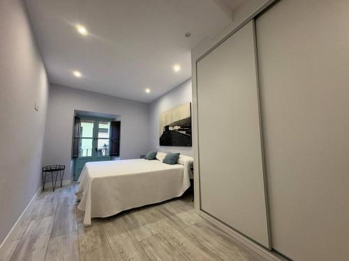 ein Schlafzimmer mit einem Bett und einem großen Spiegel in der Unterkunft Apartamento los Remos VUT-3207AS in Llanes