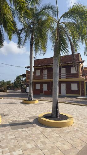two palm trees in front of a building at NLC locações BonsVentos in Barreirinhas