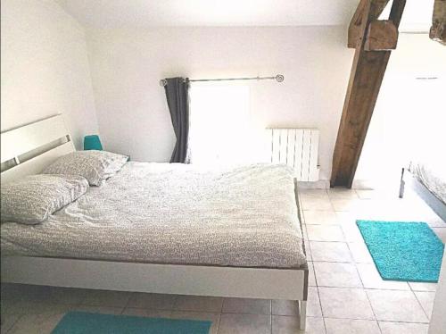 ein Schlafzimmer mit einem Bett, einem Fenster und einem Teppich in der Unterkunft Gîte proche du Futuroscope in Jaunay-Clan