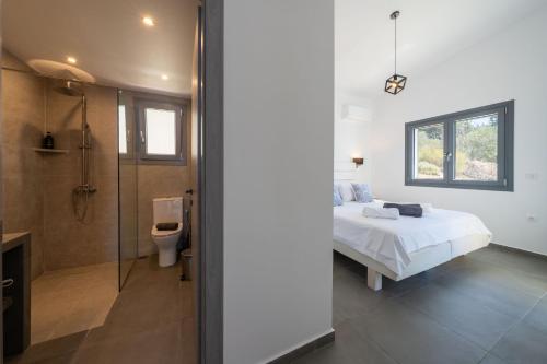 ein Schlafzimmer mit einem Bett, einer Dusche und einem WC in der Unterkunft Areti-Elena Oxomeria in Katsimátika