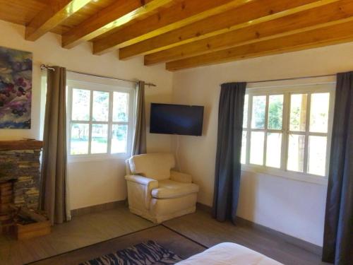 Una habitación con una silla, un televisor y ventanas. en Hotel Boutique Frutos del bosque de Zacatlan, en Jicolapa