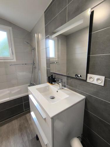 a bathroom with a white sink and a mirror at La Mésange - Cosy - 10mn du Parc in Mauléon
