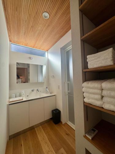 a bathroom with a sink and a mirror at Villa Monica Premium in Nagoya