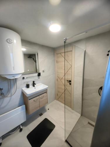a bathroom with a sink and a shower at Planinska kuca TM in Jahorina