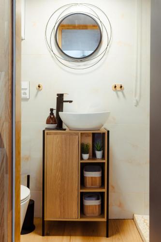 a bathroom with a sink and a mirror at Tiny house Malý gurmán in Rohozná